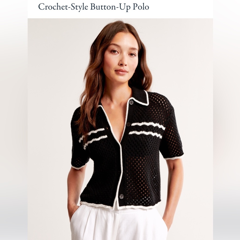 Abercrombie & Fitch Crochet-Style Button-Up Polo Black XS